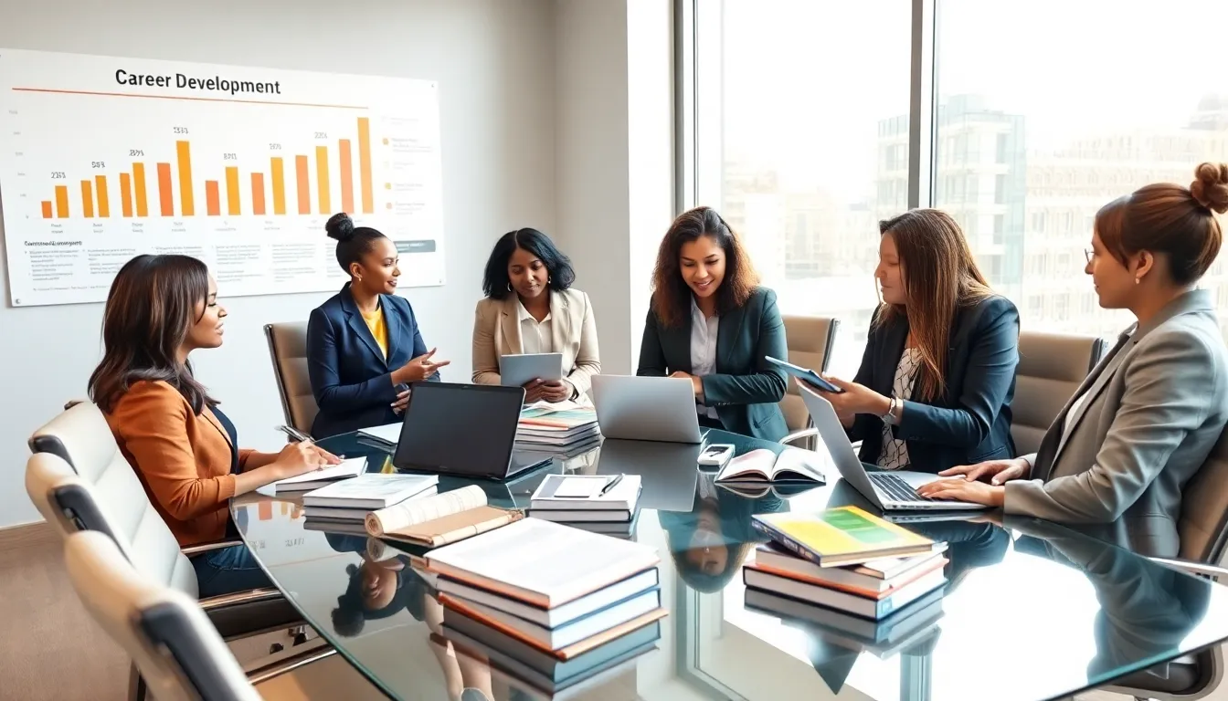 diverse individuals in a modern workshop discussing career development.
