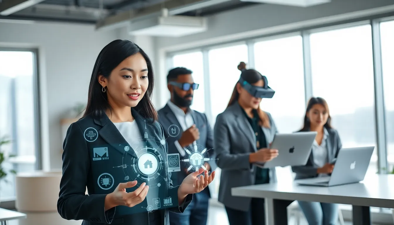 professionals using AI and augmented reality in a modern office.